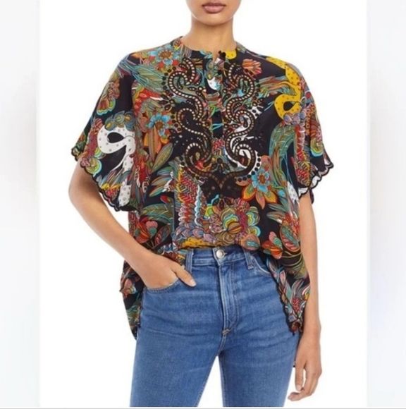 Johnny Was Peacock Floral Eyelid Crochet Short-Sleeve Carmelia Blouse Size XL - Picture 1 of 8